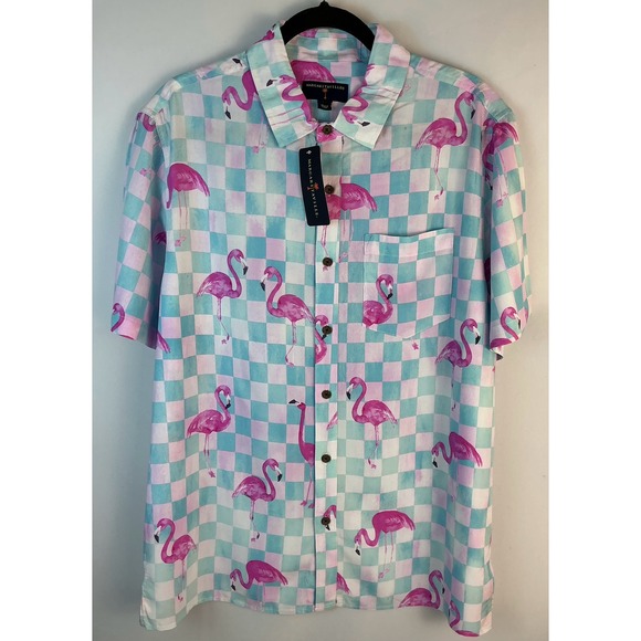 Margaritaville Flamingo Print Button Down Shirt Pink & Blue Med Tropical Aloha - Picture 1 of 5